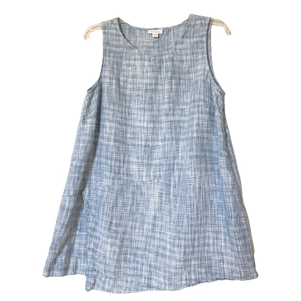 J Jill Pure Jill Linen Tunic Women's Size  S Petite Blue Sleeveless Asymmetric